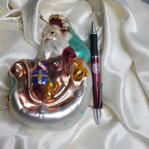 Vintage Hand Blown Mercury Glass Santa Sleigh Christmas Ornament Hand Painted